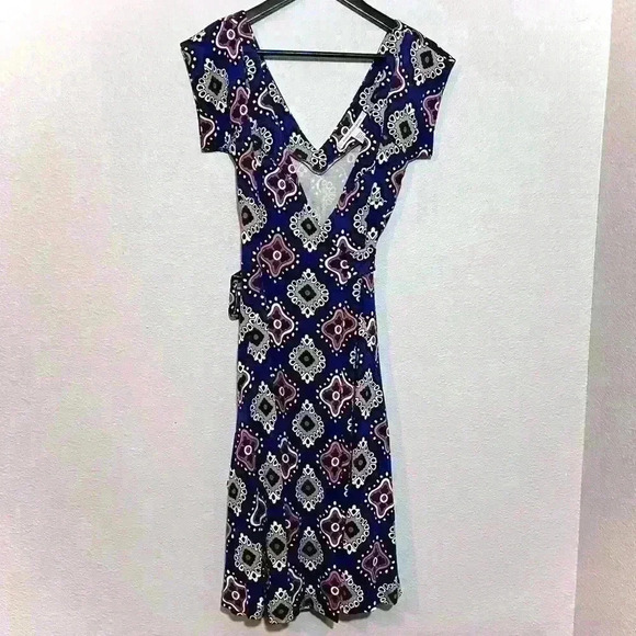 Diane Von Furstenberg DVF Womens Heerlen Size 6 Print Indigo V-Neck Wrap Dress - Picture 1 of 11